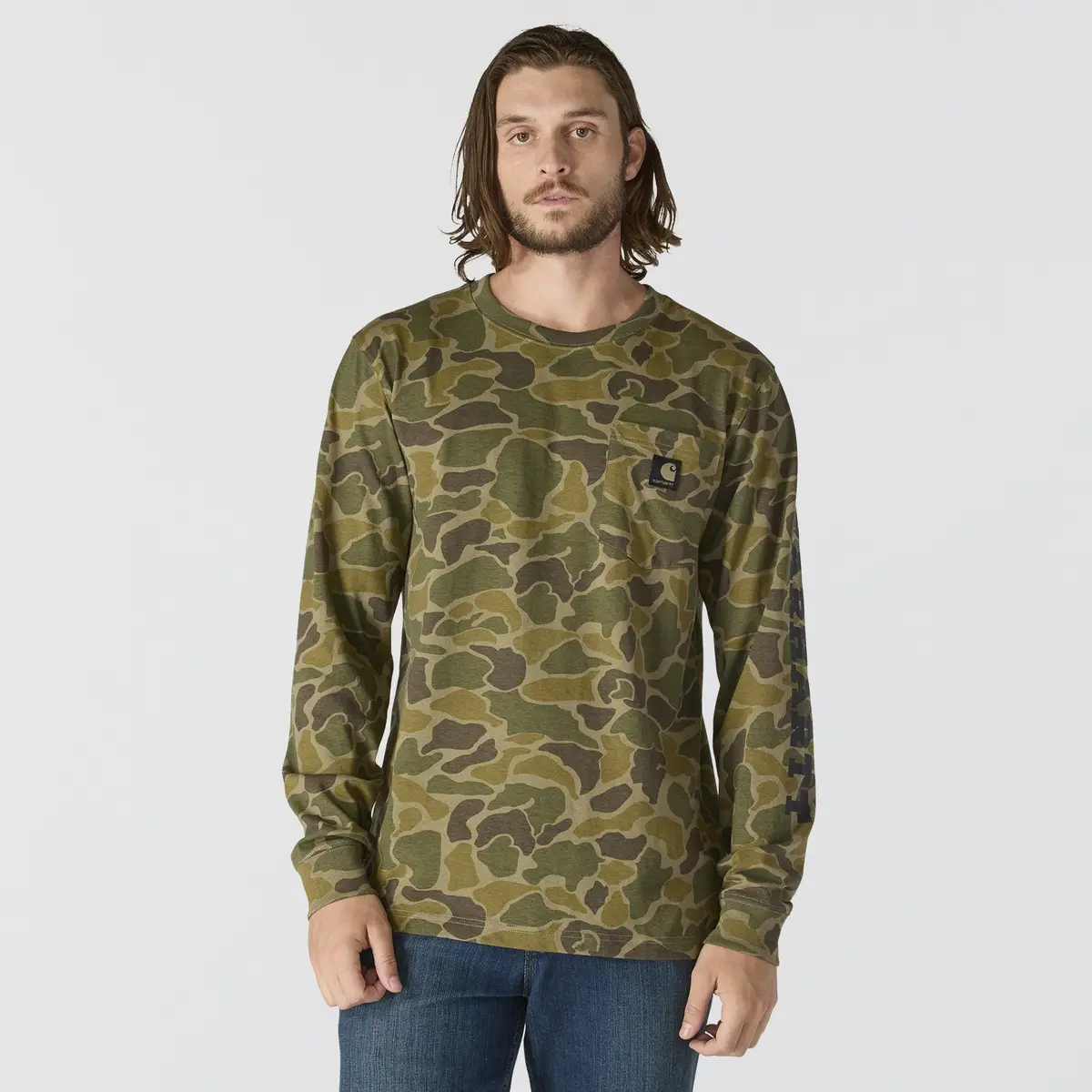 Men's Relaxed Fit Heavyweight Long Sleeve Camo Logo Graphic Shirt 1