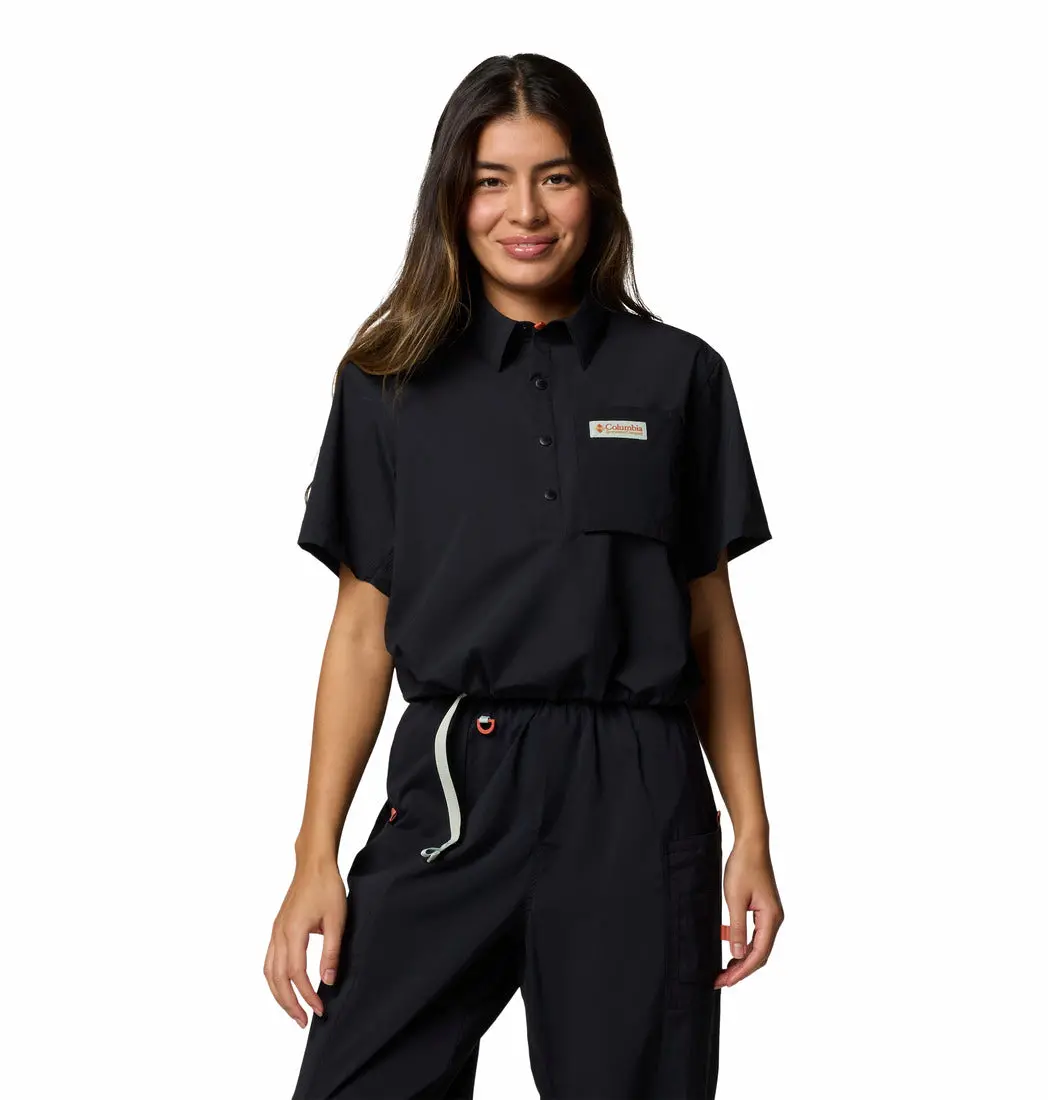 Women's Cove Beach Woven Cropped Short Sleeve Shirt 1