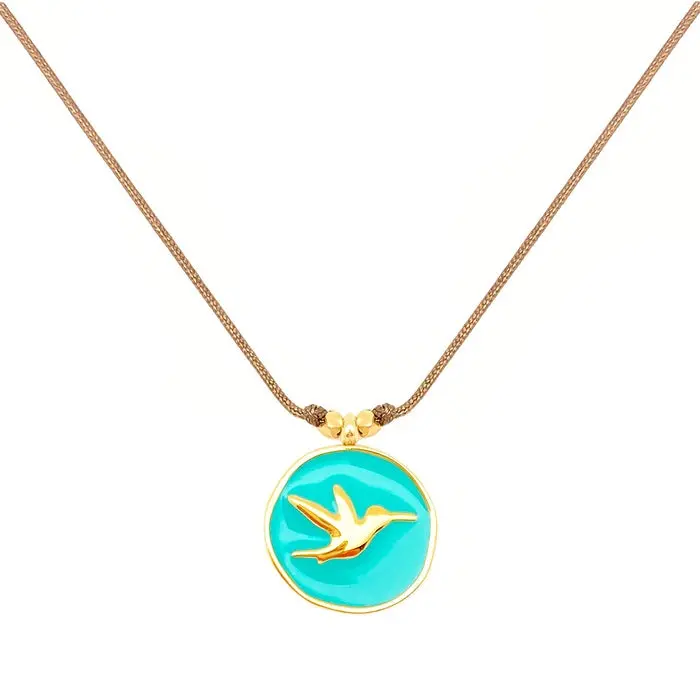 Enamel Charm Necklace - Aqua Hummingbird 16" 1