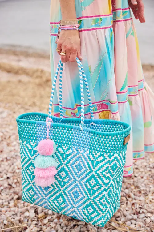 Aqua Blue Flower Citron Medium Tote 2