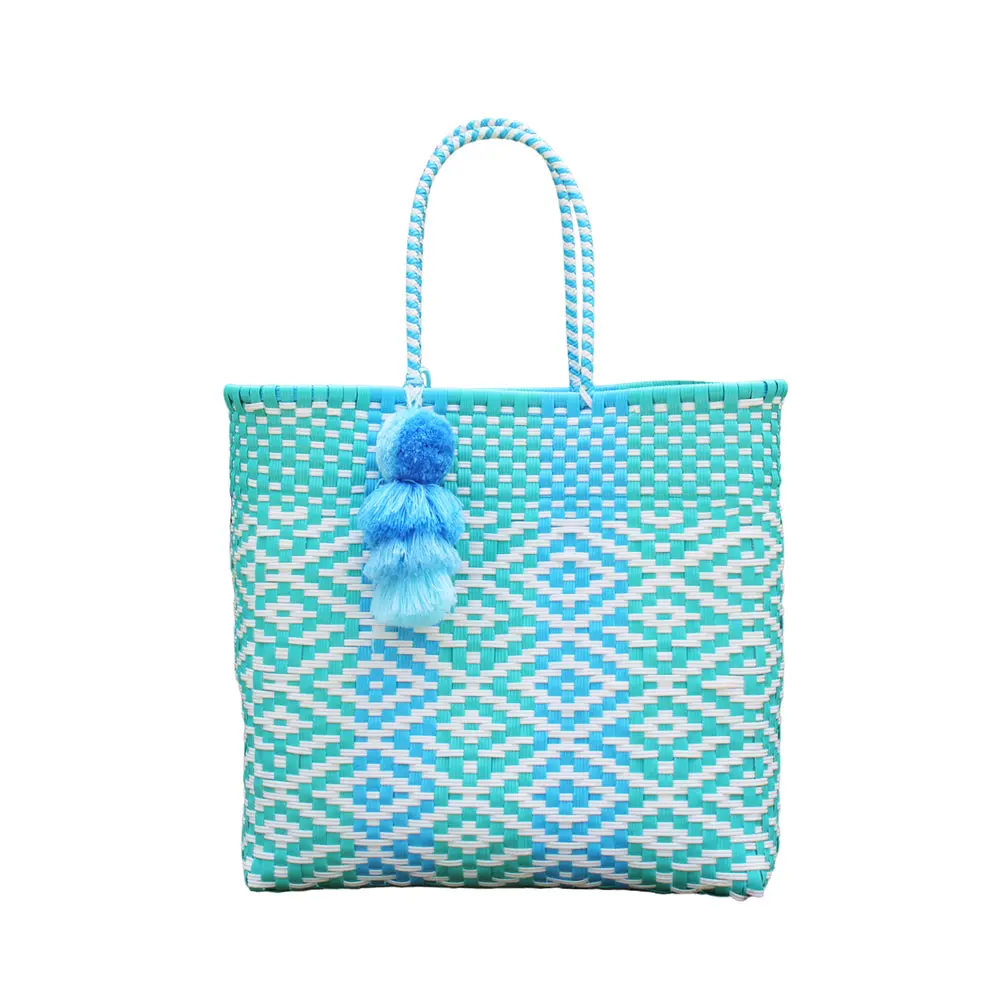Aqua Blue Flower Citron Medium Tote 1